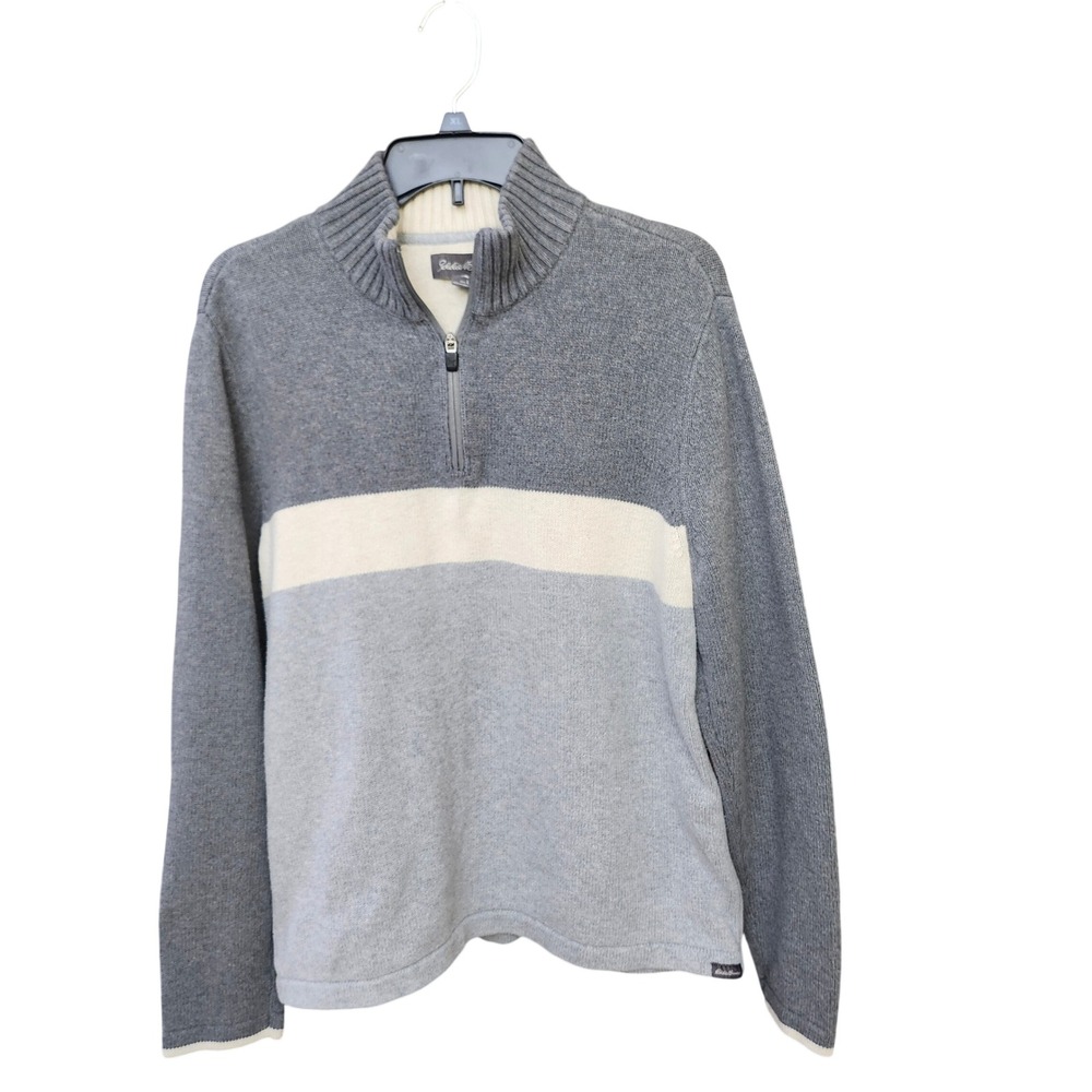 Eddie Bauer Mens Pullover Sweater‎ Size L Gray Cream Stripe Quarter Zip Cotton